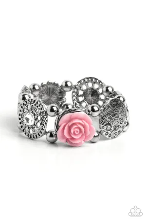 Optimistic Oasis - Pink - Resin Rose Flower White Rhinestone Filigree Paparazzi Stretchy Bracelet