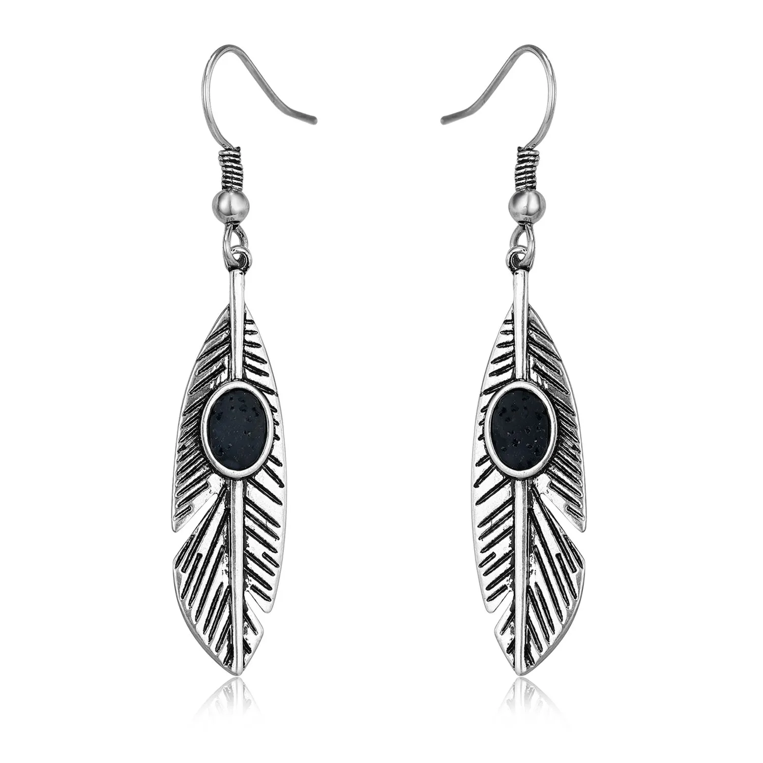 Oriwest "Feya" Silver Feather Lava Stone Earrings