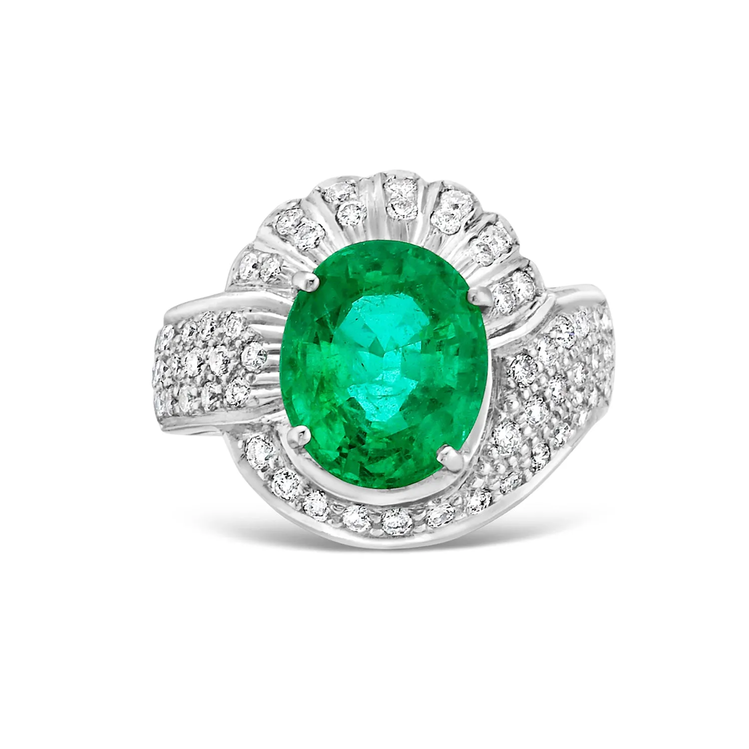 Oval Cut Zambian Emerald Pave Studded Diamond Cocktail Ring In 18K White Gold