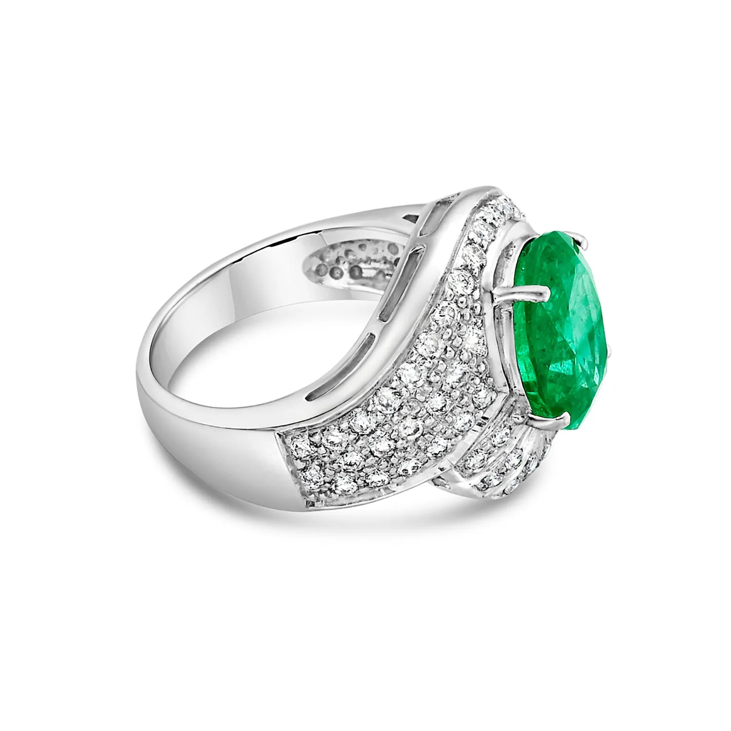 Oval Cut Zambian Emerald Pave Studded Diamond Cocktail Ring In 18K White Gold