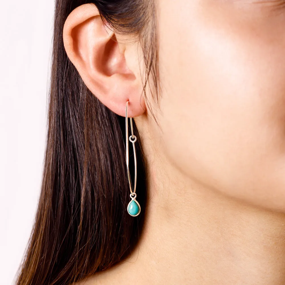 Oval Turquoise Hoops in  Silver - 2 1/8" L