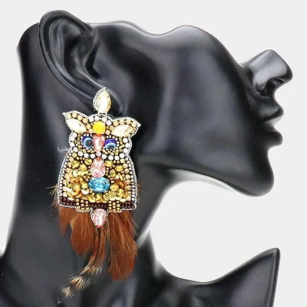 Owl Feather Seed Beaded Earrings