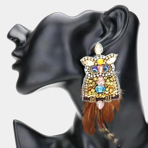 Owl Feather Seed Beaded Earrings