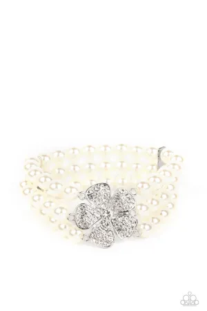 Park Avenue Orchard - White - Rhinestone Flower Pearl Paparazzi Stretchy Bracelet