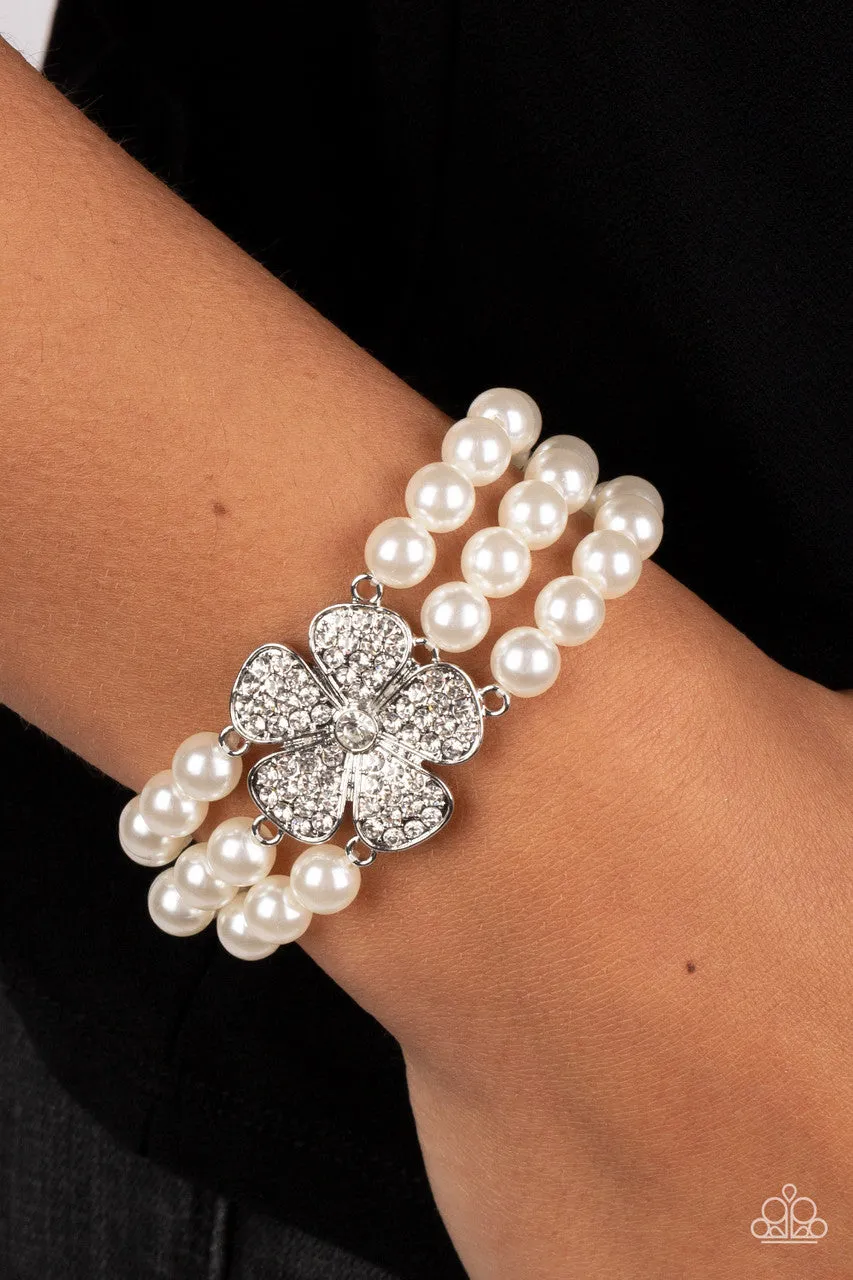 Park Avenue Orchard - White - Rhinestone Flower Pearl Paparazzi Stretchy Bracelet