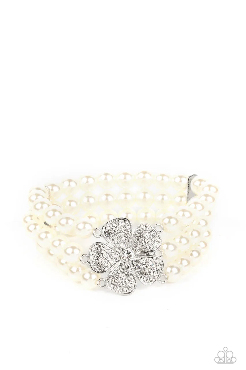Park Avenue Orchard - White - Rhinestone Flower Pearl Paparazzi Stretchy Bracelet