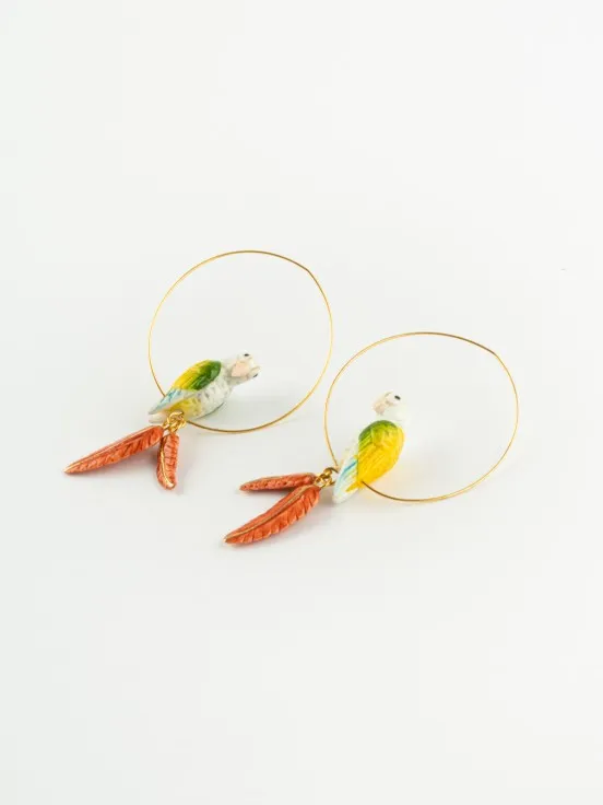 PARROT AND FEATHER HOOP EARRINGS