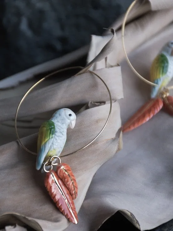 PARROT AND FEATHER HOOP EARRINGS