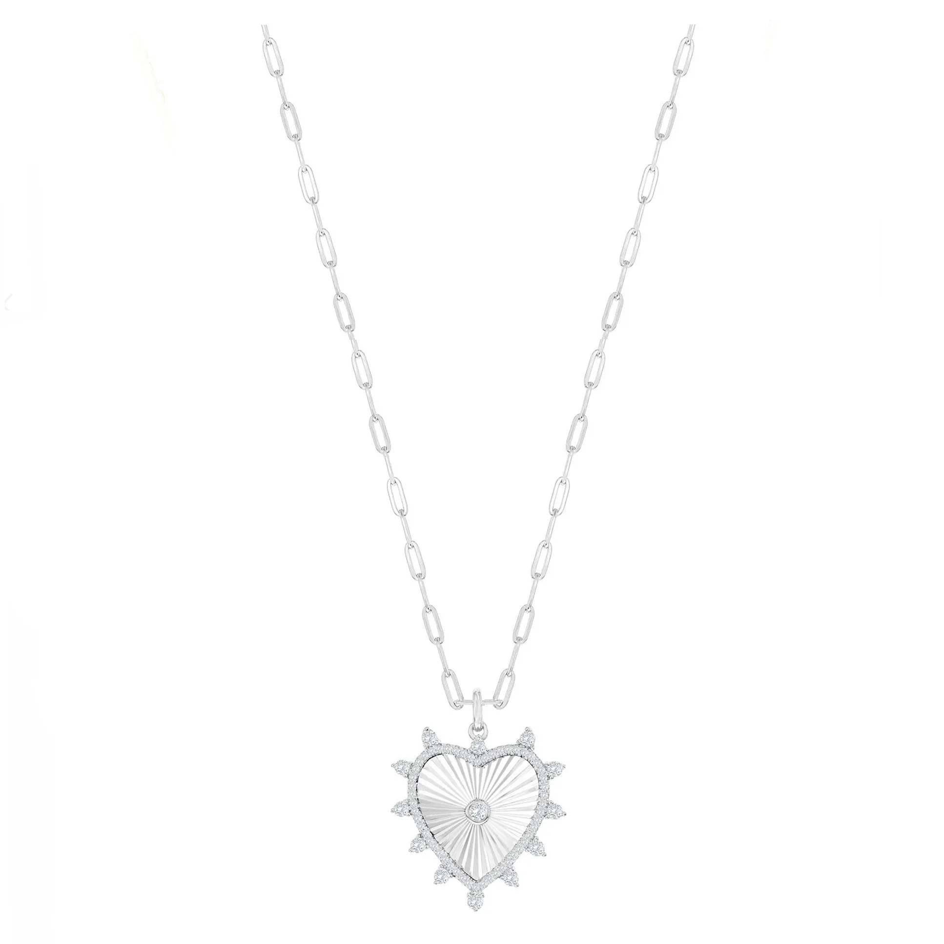 Pave CZ Border and Fluted Heart Pendant Paperclip Chain Necklace
