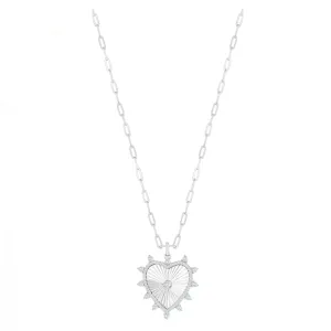 Pave CZ Border and Fluted Heart Pendant Paperclip Chain Necklace