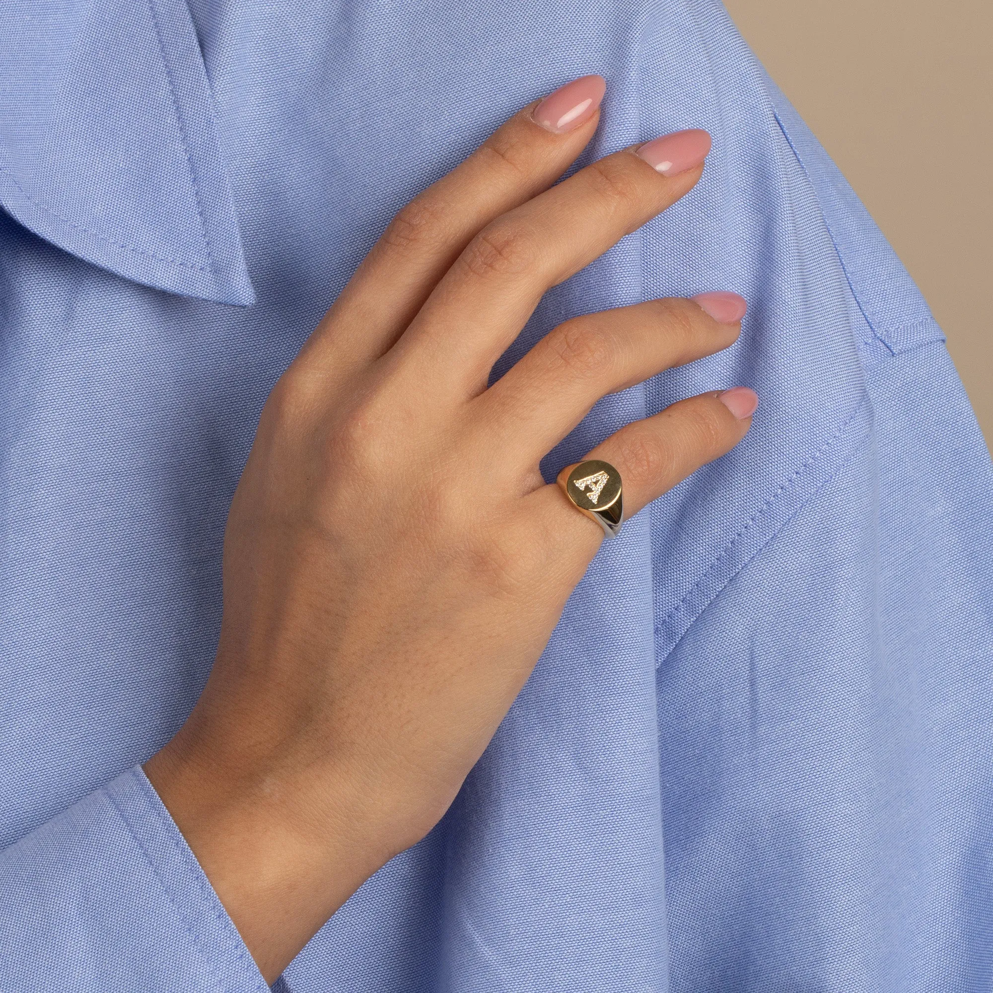 Pave Initial Signet Pinky Ring
