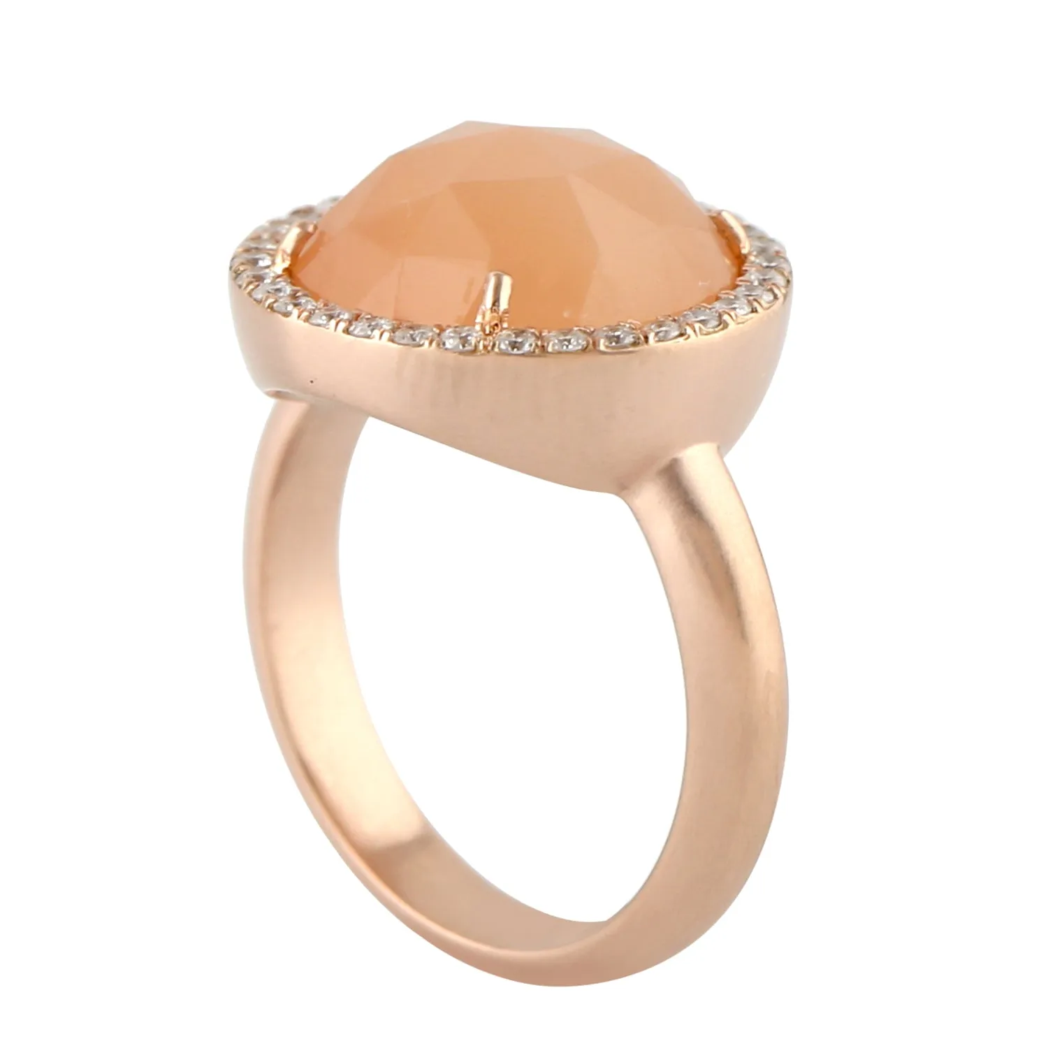 Peach Round Moonstone Pave Diamond Cocktail Ring In 18k Rose Gold