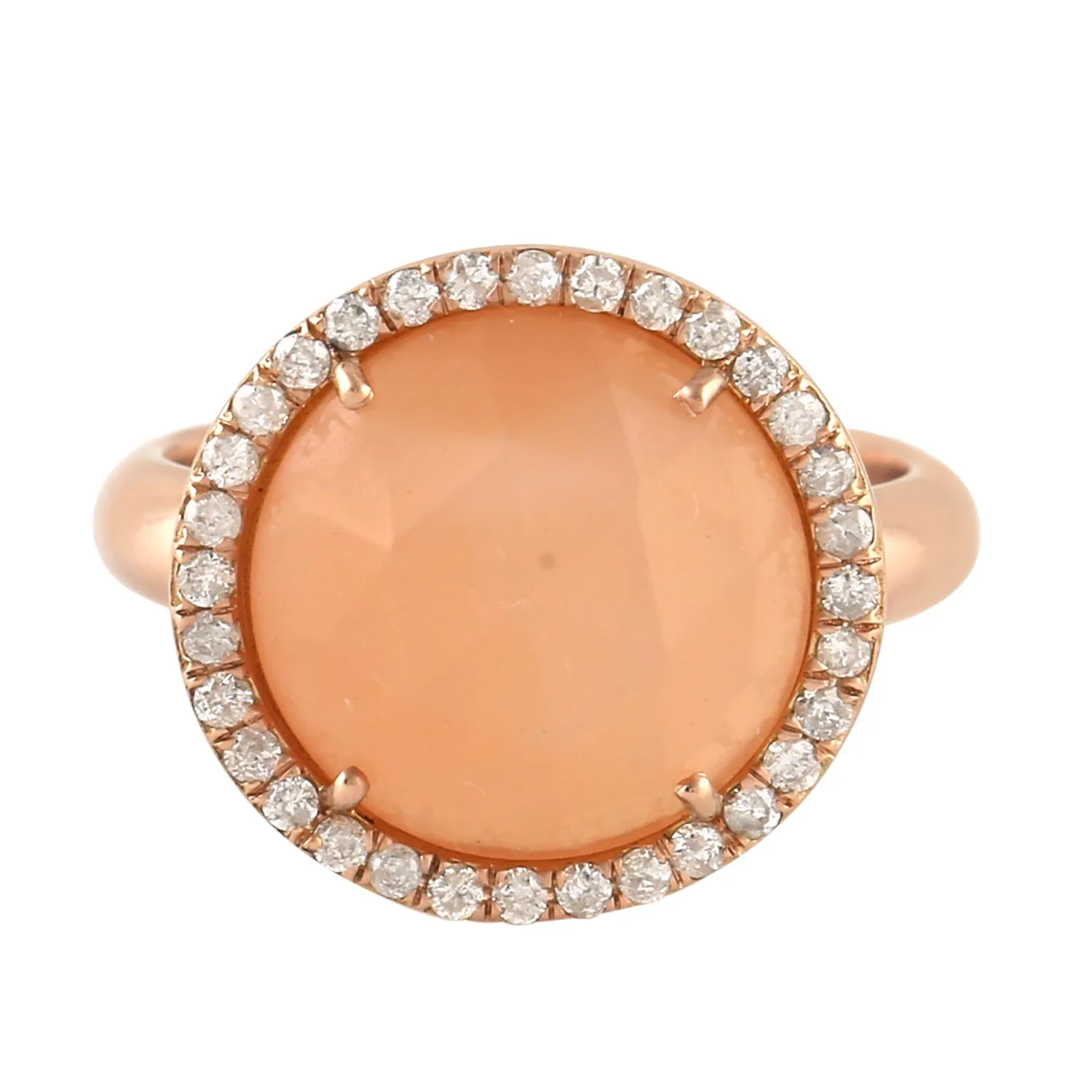 Peach Round Moonstone Pave Diamond Cocktail Ring In 18k Rose Gold