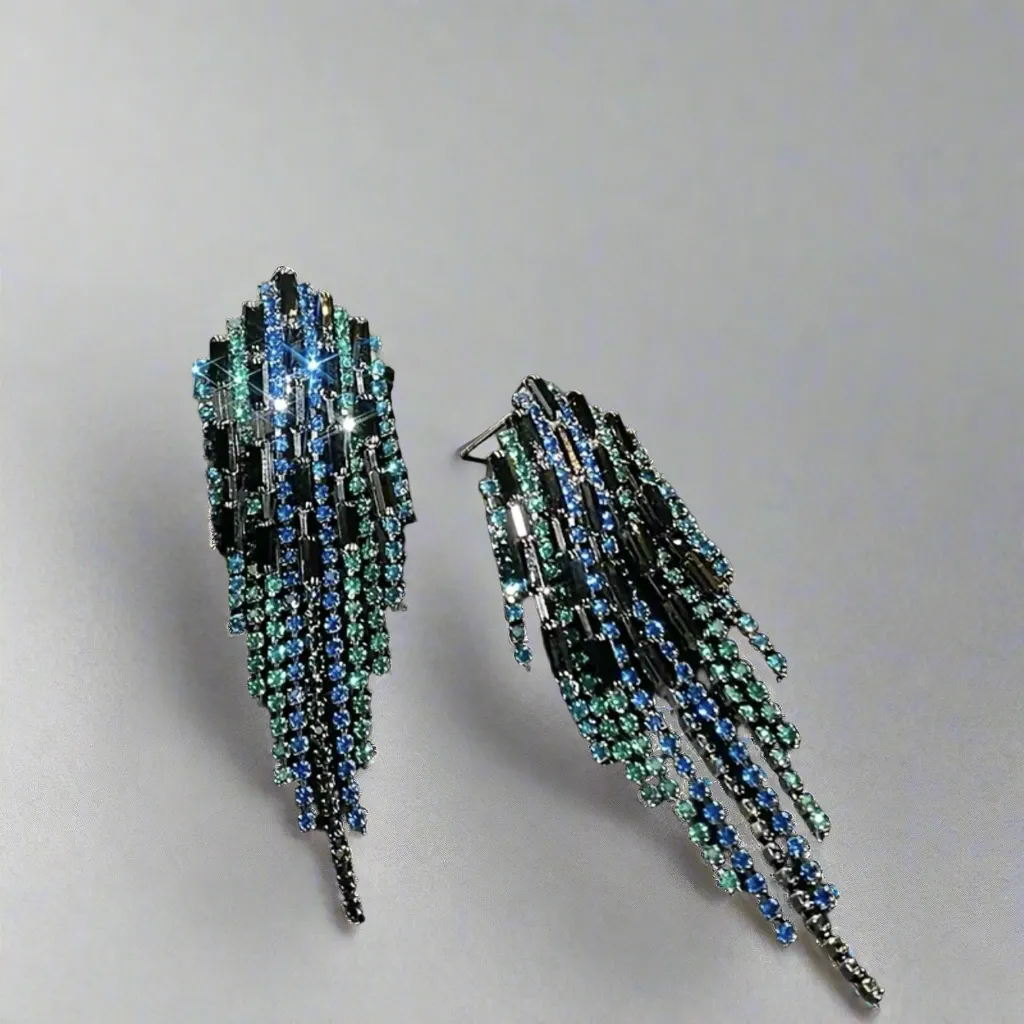 Peacock Hexagon Tassel Earrings