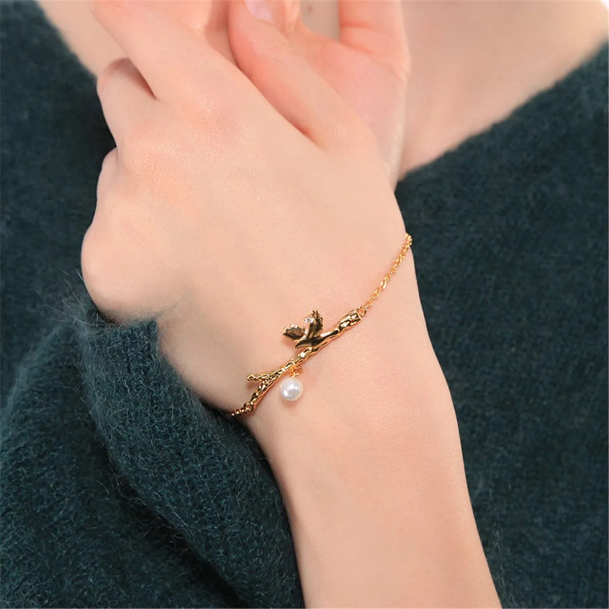 Pearl & 18K Gold-Plated Bird Branch Bracelet