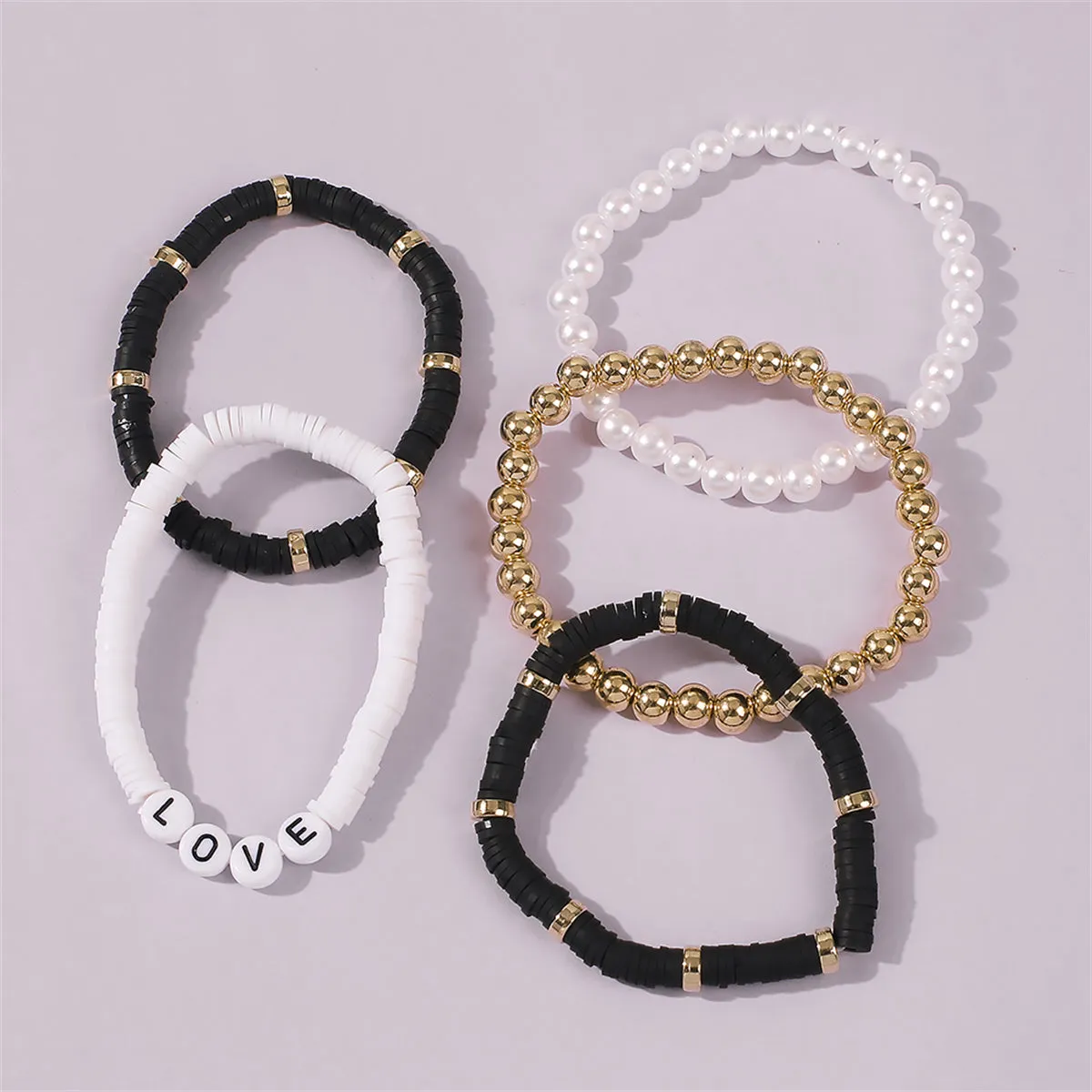 Pearl & Black Polymer Clay 18K Gold-Plated 'Love' Stretch Bracelet Set