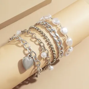 Pearl & Cubic Zirconia Silver-Plated Heart Bracelet Set