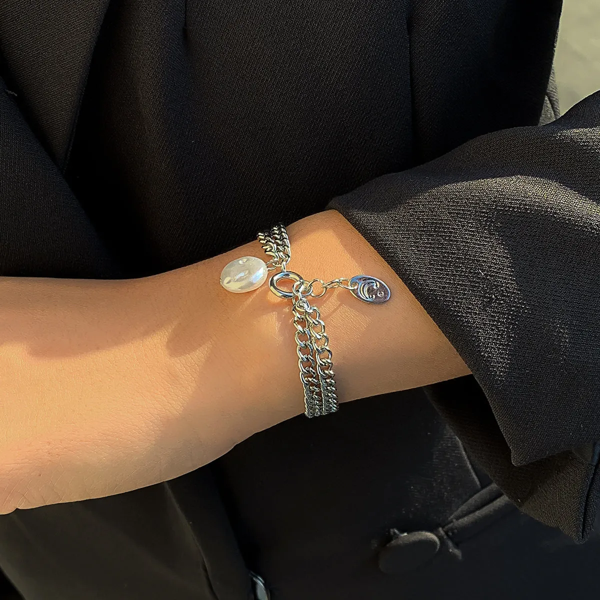 Pearl & Silver-Plated Knotted Charm Bracelet