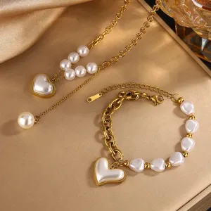 Pearl Heart Shape 304 Stainless Steel 18K Gold Plated Beaded Pearl Plating Bracelets Necklace Jewelry Set