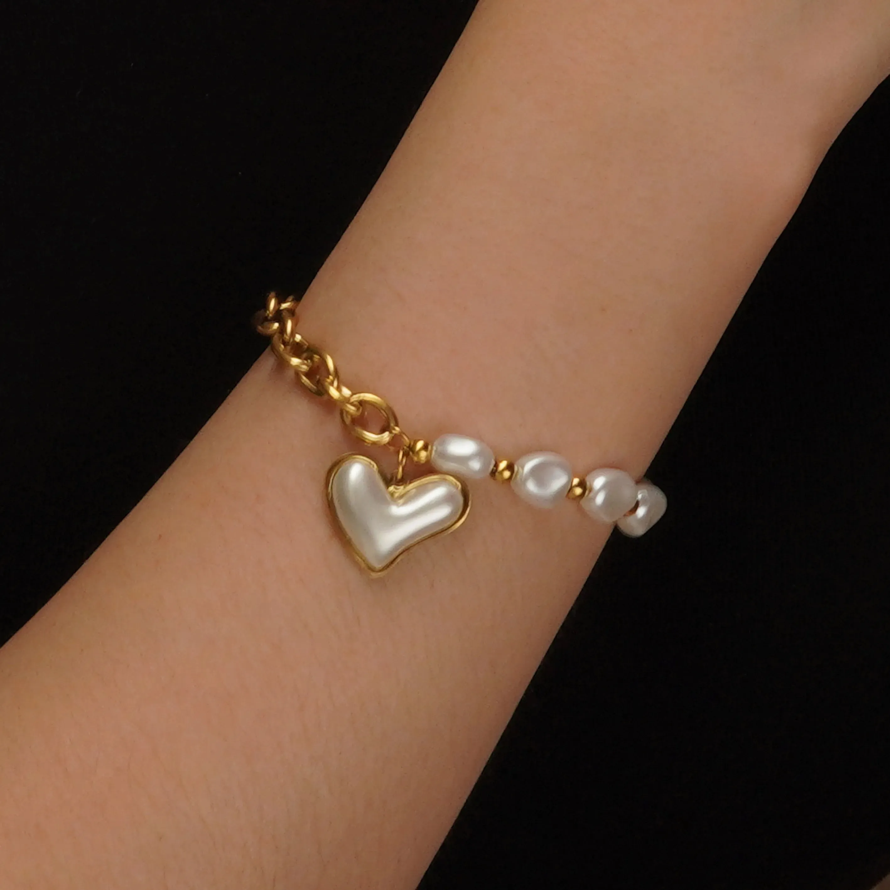 Pearl Heart Shape 304 Stainless Steel 18K Gold Plated Beaded Pearl Plating Bracelets Necklace Jewelry Set