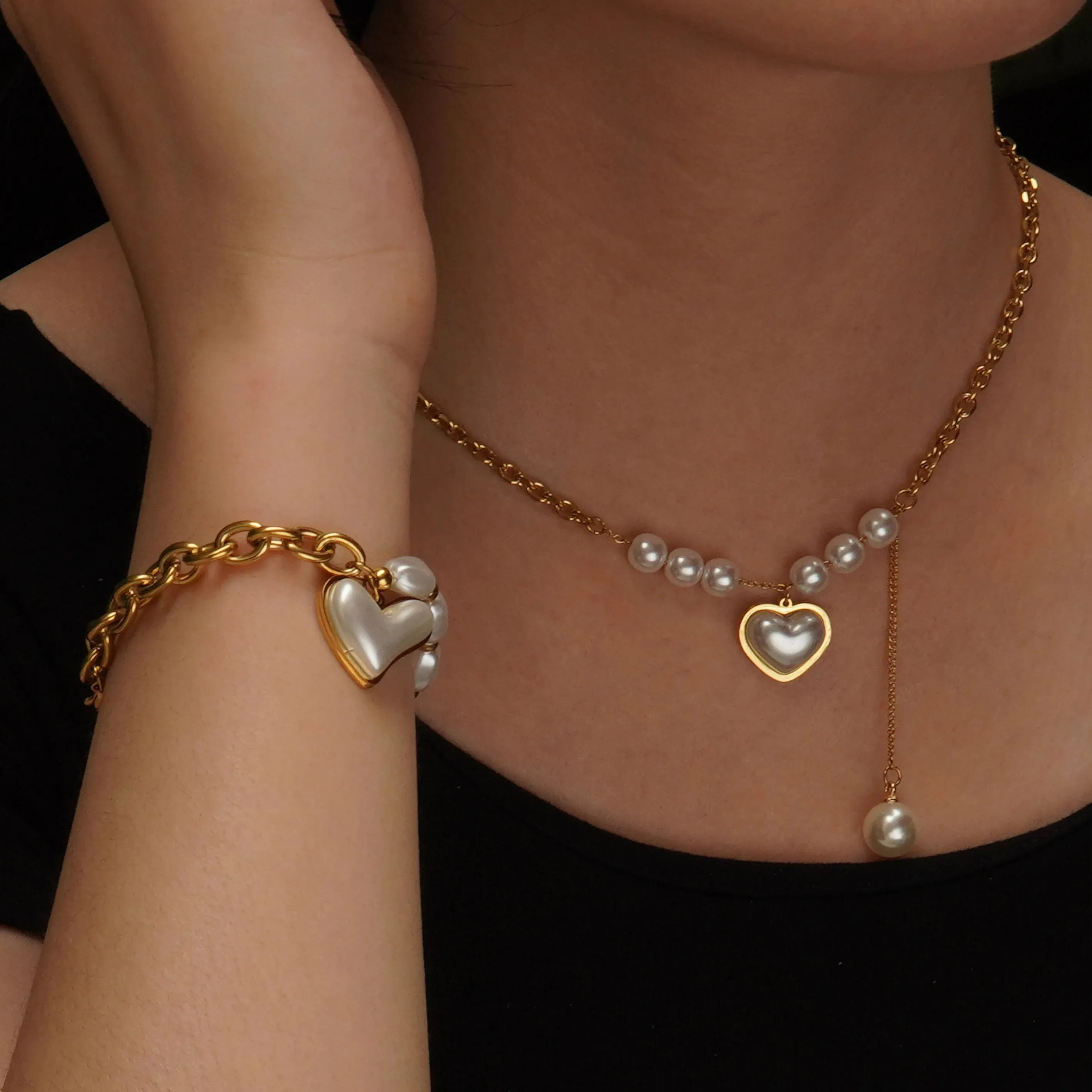 Pearl Heart Shape 304 Stainless Steel 18K Gold Plated Beaded Pearl Plating Bracelets Necklace Jewelry Set