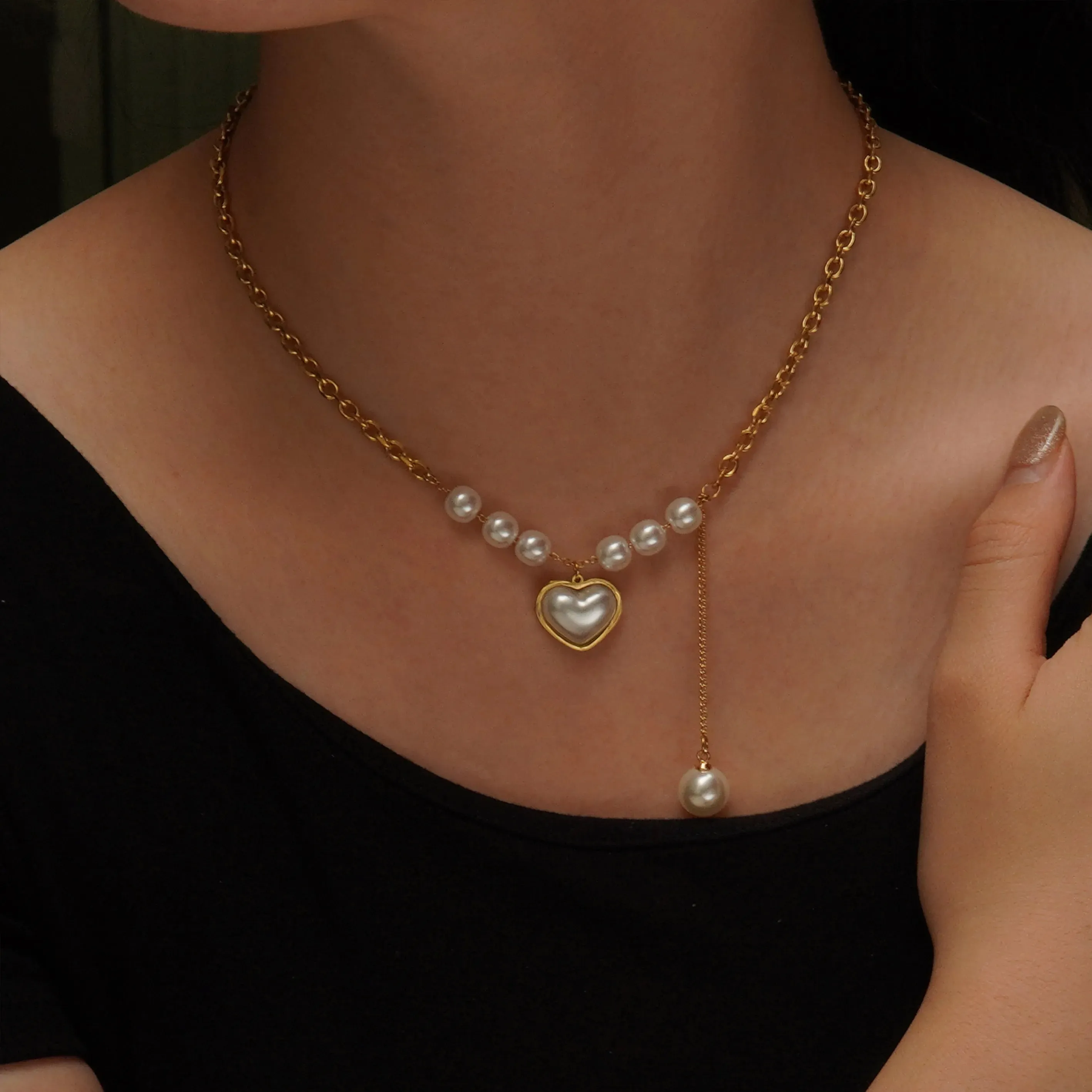 Pearl Heart Shape 304 Stainless Steel 18K Gold Plated Beaded Pearl Plating Bracelets Necklace Jewelry Set