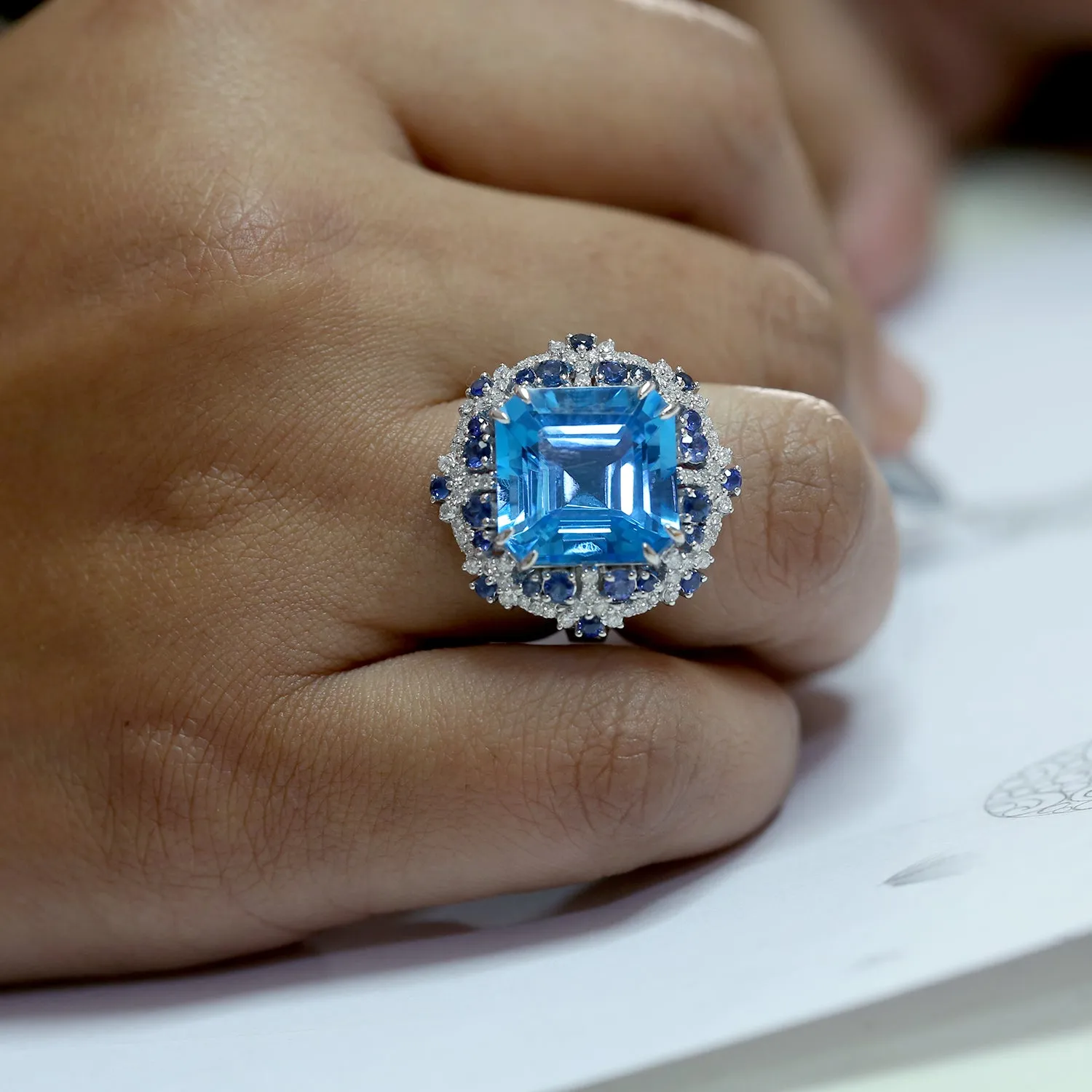 Prong Set Blue Topaz Sapphire Diamond 18k White Gold Cocktail Ring For Her