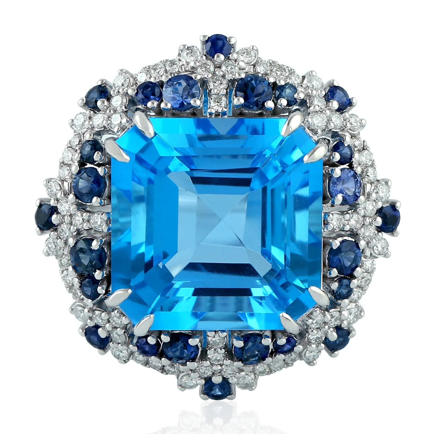 Prong Set Blue Topaz Sapphire Diamond 18k White Gold Cocktail Ring For Her