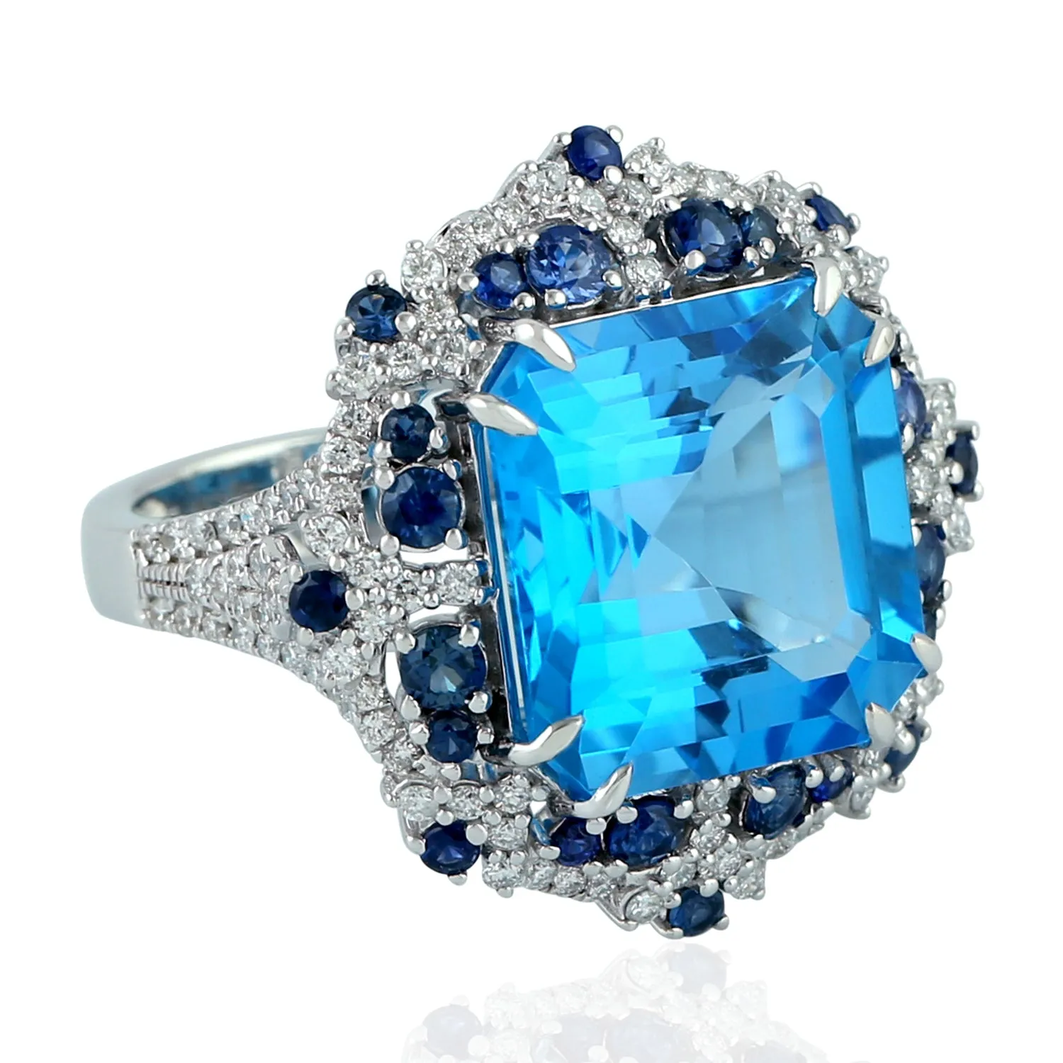 Prong Set Blue Topaz Sapphire Diamond 18k White Gold Cocktail Ring For Her