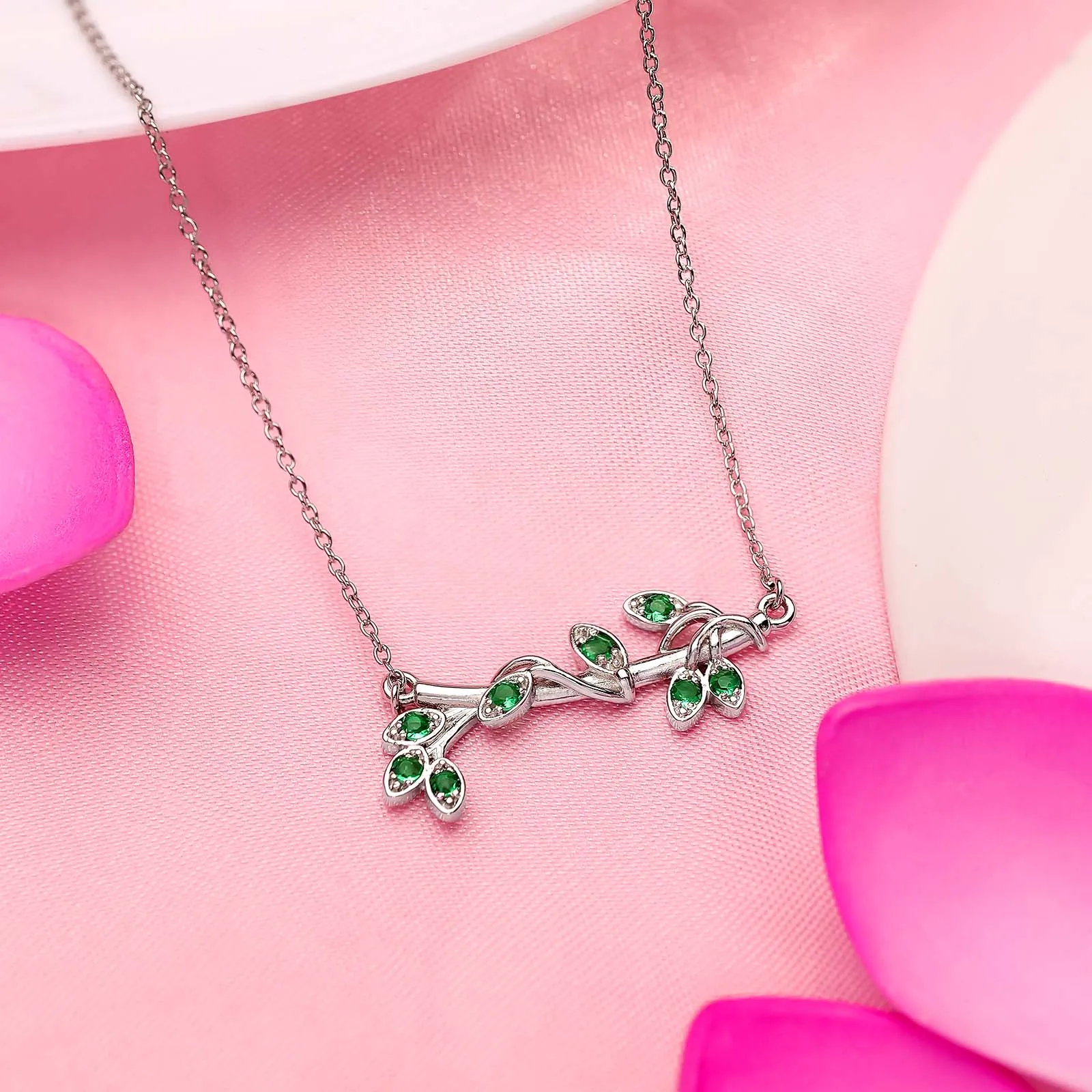 Pure 925 Silver Necklace - Emerald Leaf String Pendant