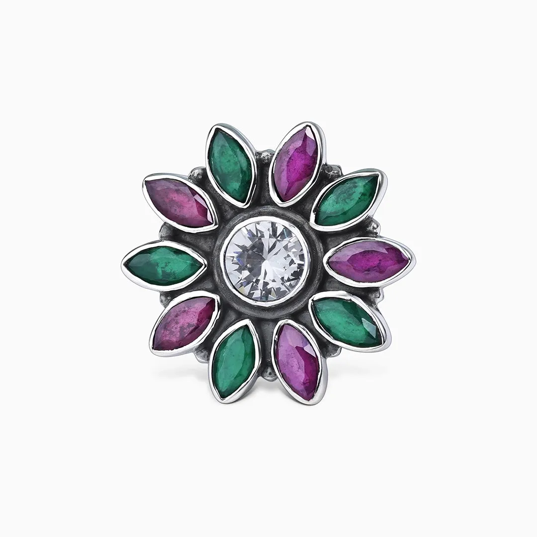 Pure Silver Ring - Moissanite & Ruby Stoned Blossom