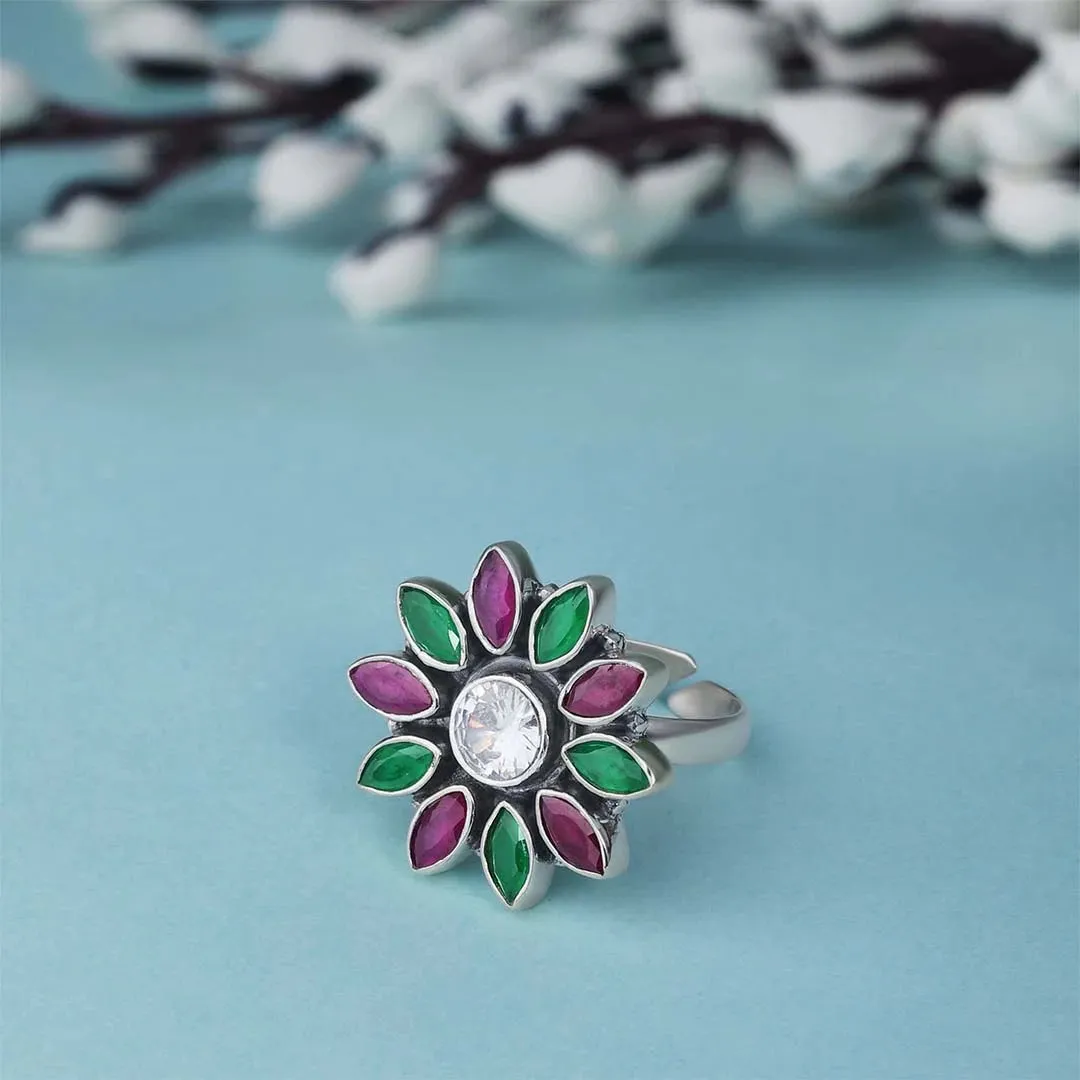 Pure Silver Ring - Moissanite & Ruby Stoned Blossom