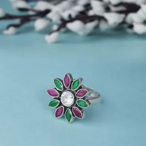 Pure Silver Ring - Moissanite & Ruby Stoned Blossom
