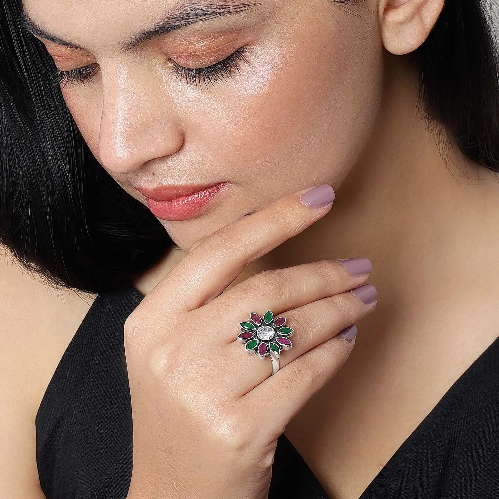 Pure Silver Ring - Moissanite & Ruby Stoned Blossom