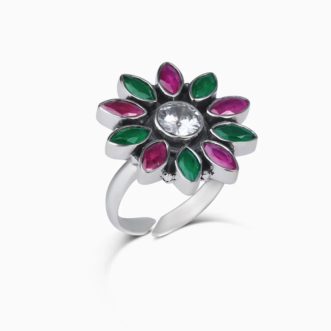 Pure Silver Ring - Moissanite & Ruby Stoned Blossom