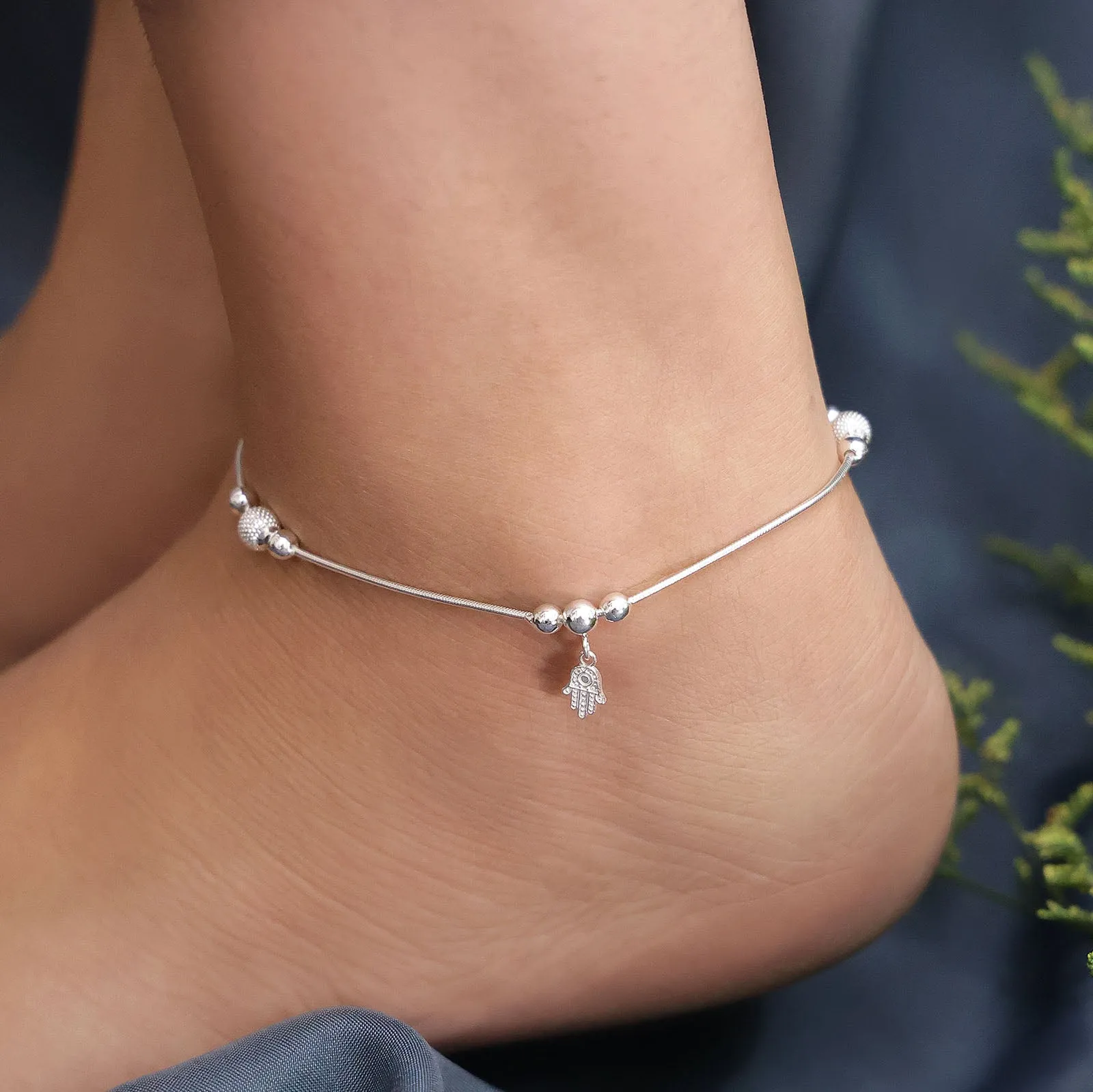 Pure Sterling Silver Evil Eye Hamsa Hand Silver Anklet
