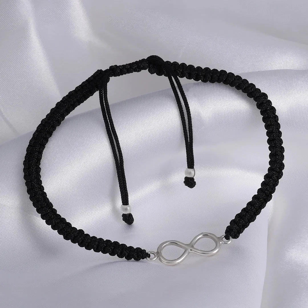 Pure Sterling Silver Infinity Black Thread Anklet