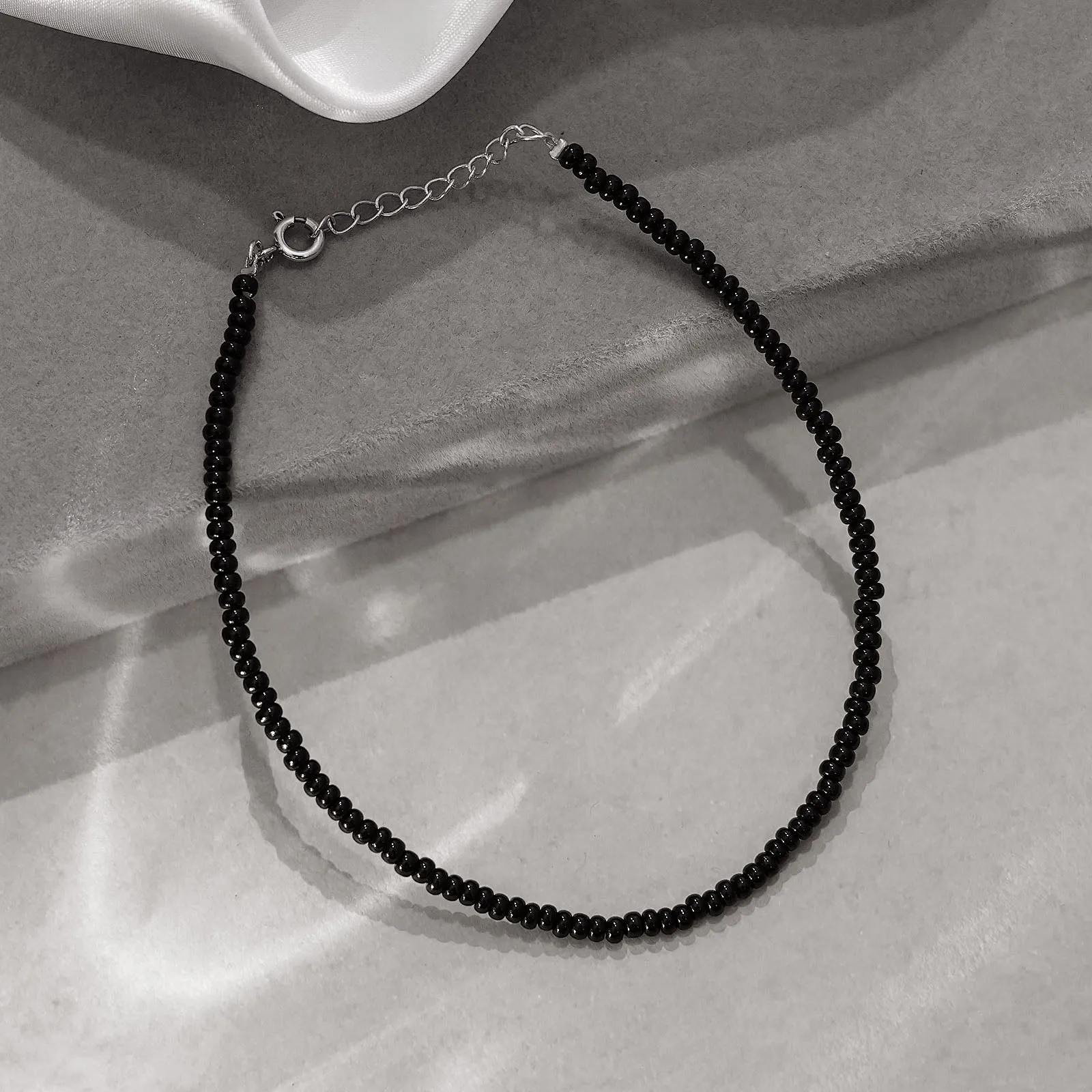 Pure Sterling Silver Simple Black Beads Anklet