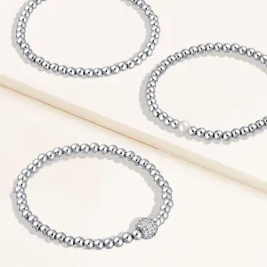 "Serena"  Set of Three Pearl, Pave Bead & Highly Polished 4 mm Beads Stretch Bracelets