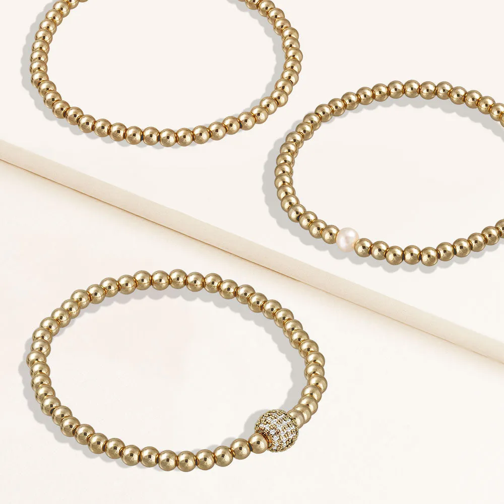"Serena"  Set of Three Pearl, Pave Bead & Highly Polished 4 mm Beads Stretch Bracelets