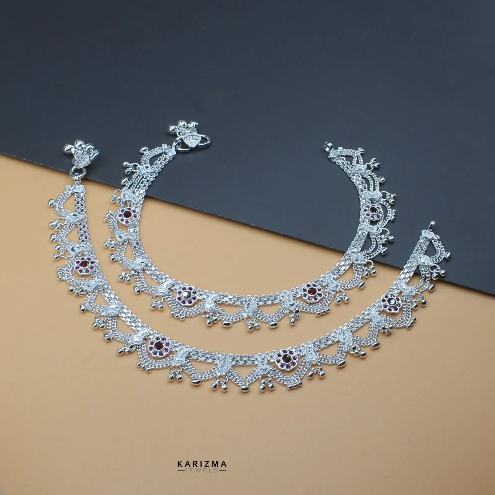 Real Silver Indian designer party wear Women Anklets Ankle Pair 10.3"