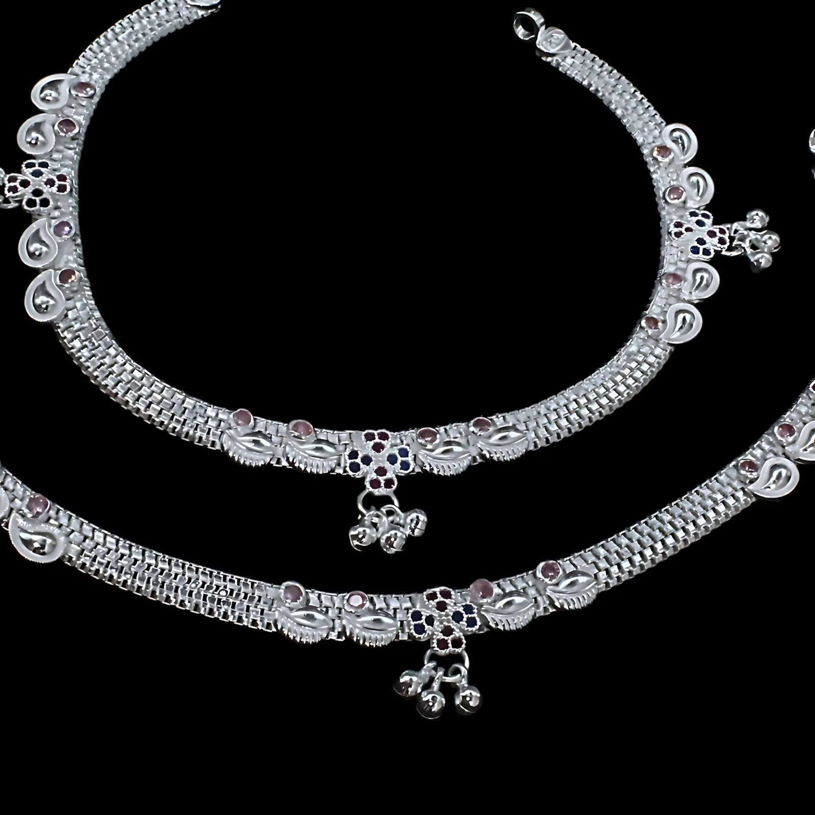 Real Silver Indian Wedding Wear Women CZ Anklets Ankle Pair 10.3"