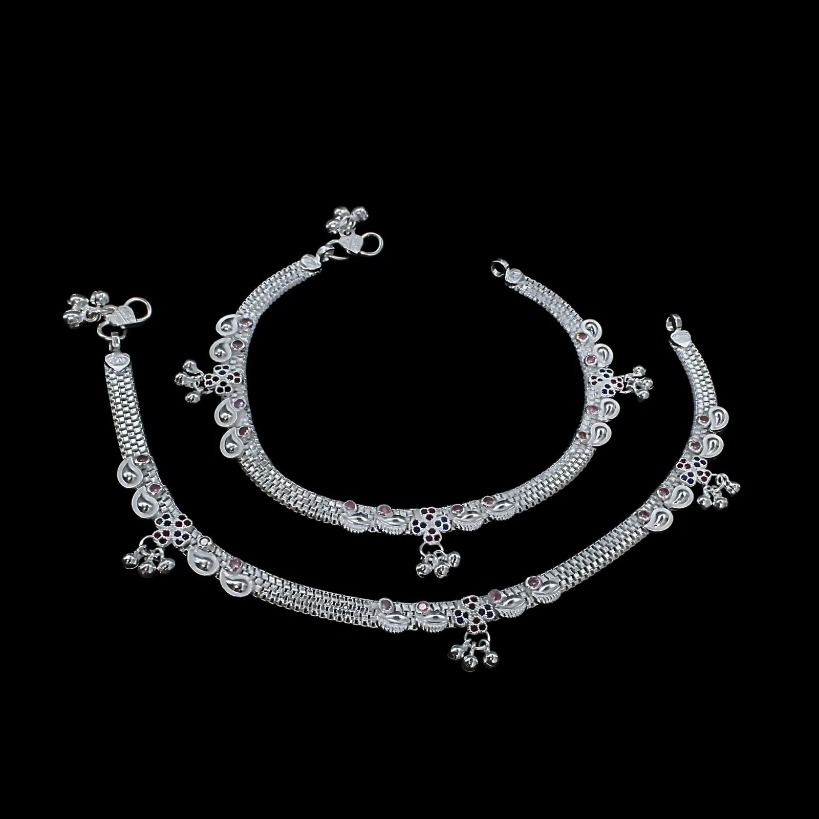 Real Silver Indian Wedding Wear Women CZ Anklets Ankle Pair 10.3"