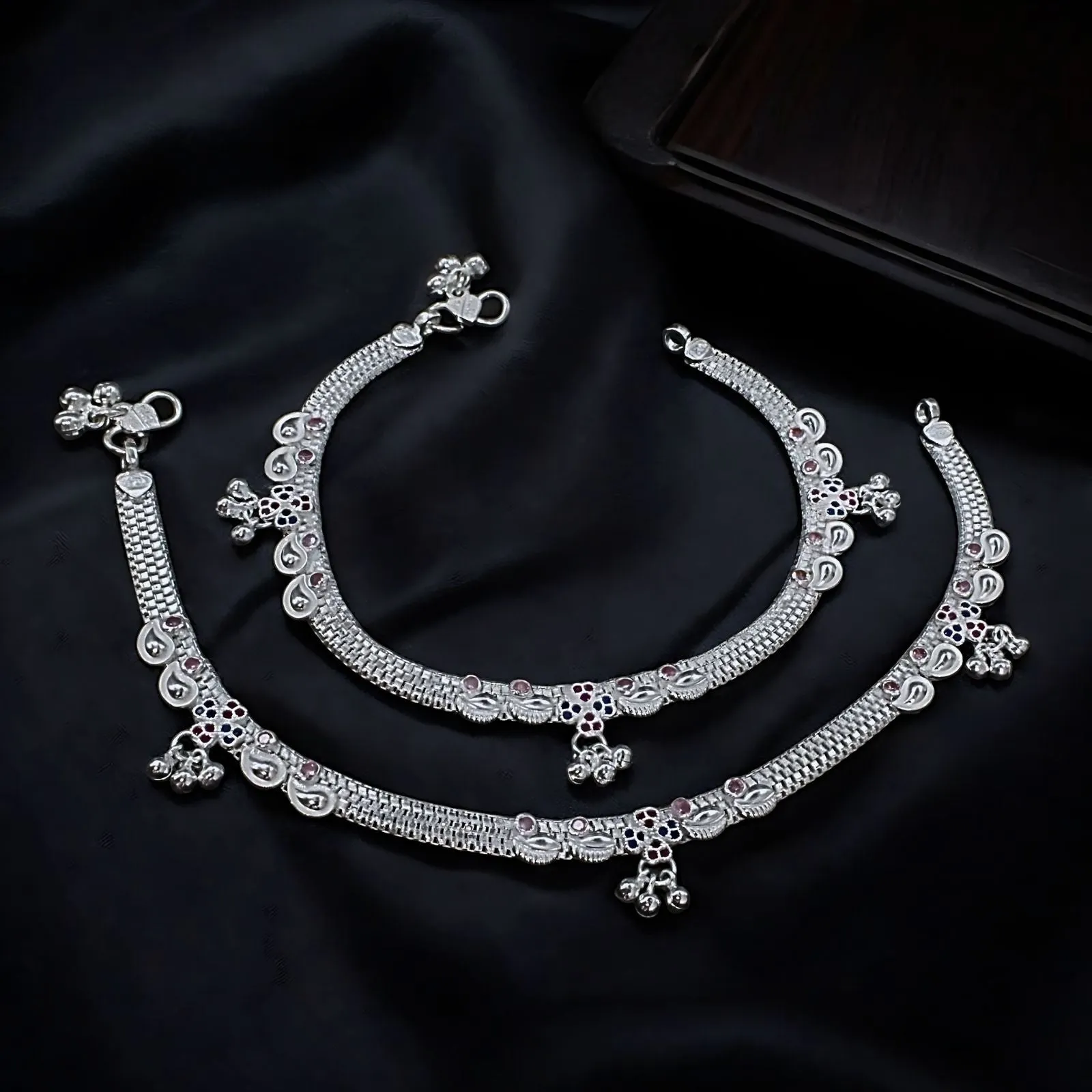 Real Silver Indian Wedding Wear Women CZ Anklets Ankle Pair 10.3"