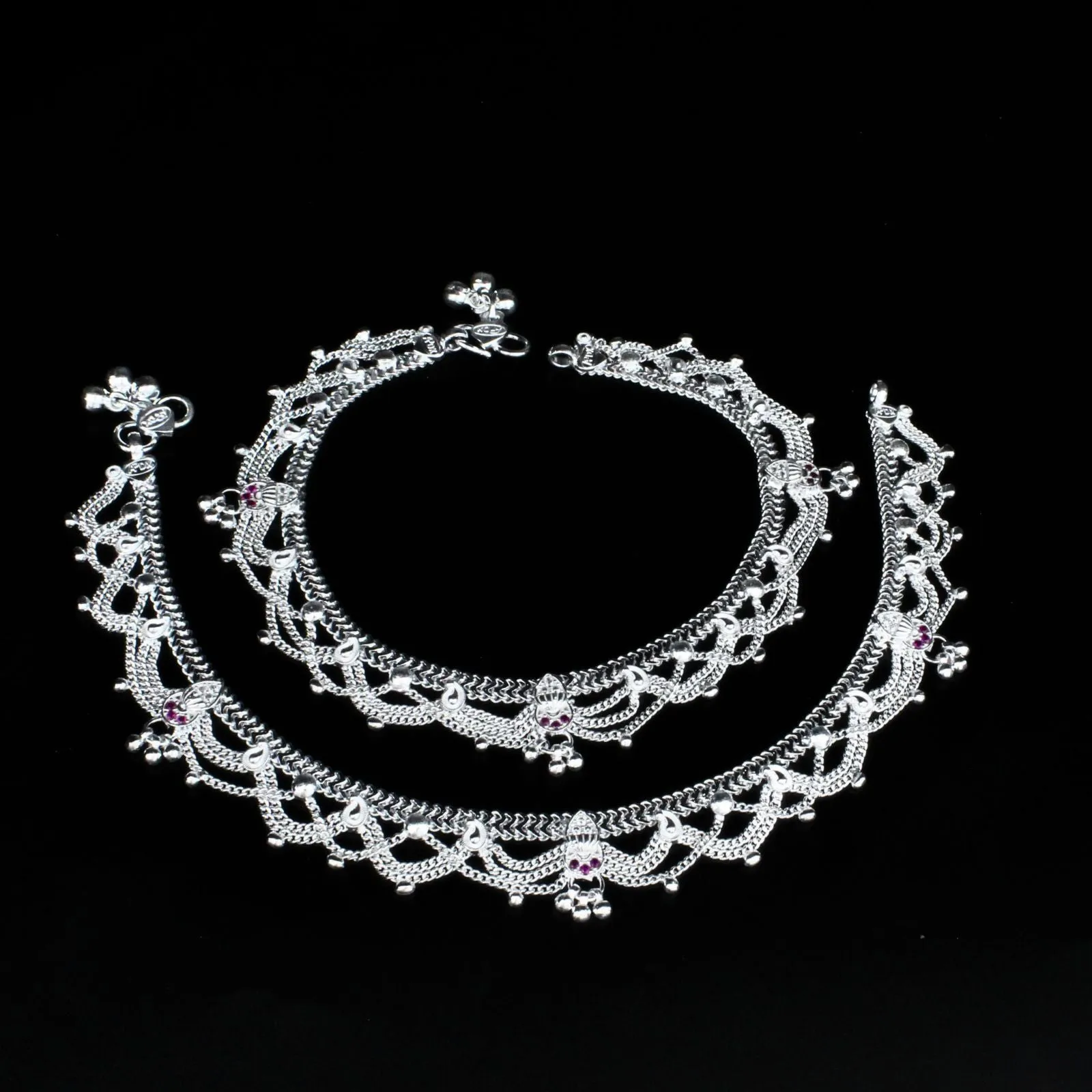 Real Sterling Silver Indian women Pink CZ handmade Excellent gifting Anklet Ankle Pair 10.3"