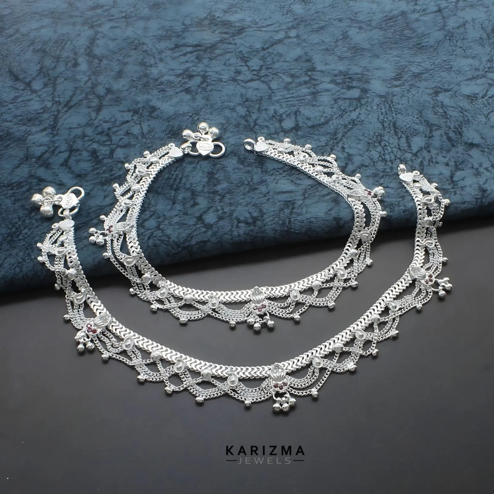 Real Sterling Silver Indian women Pink CZ handmade Excellent gifting Anklet Ankle Pair 10.3"