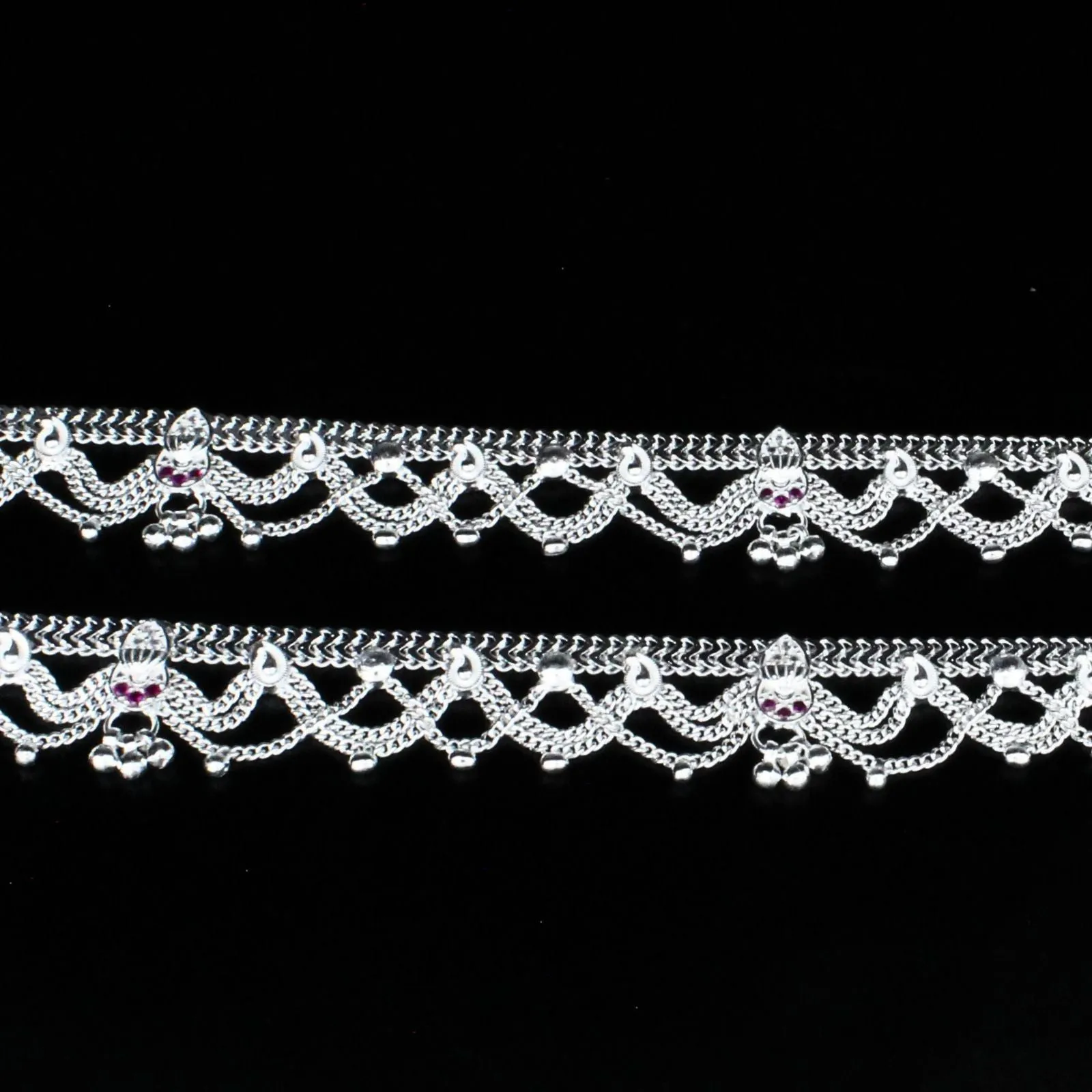 Real Sterling Silver Indian women Pink CZ handmade Excellent gifting Anklet Ankle Pair 10.3"