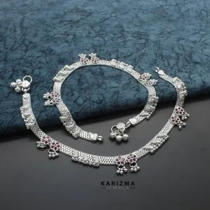 Real Sterling Silver Indian women Pink CZ party style Anklet Ankle Pair 10.3"