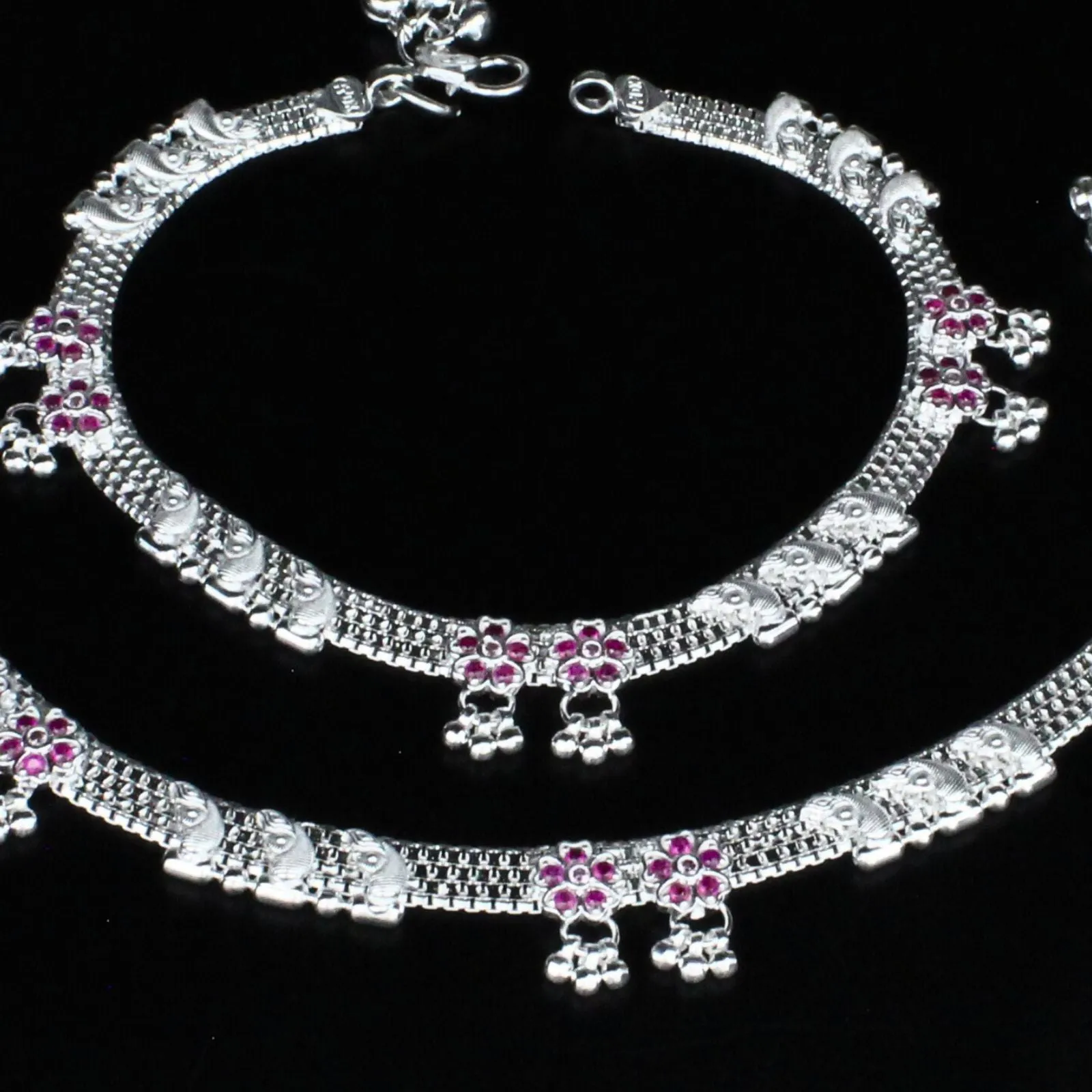 Real Sterling Silver Indian women Pink CZ party style Anklet Ankle Pair 10.3"