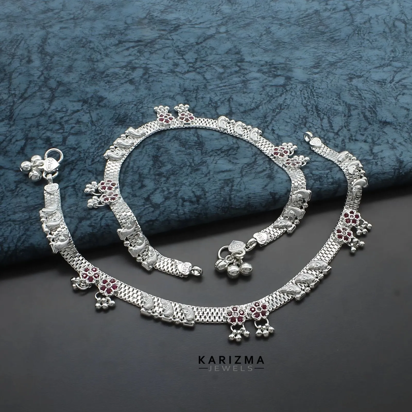 Real Sterling Silver Indian women Pink CZ party style Anklet Ankle Pair 10.3"